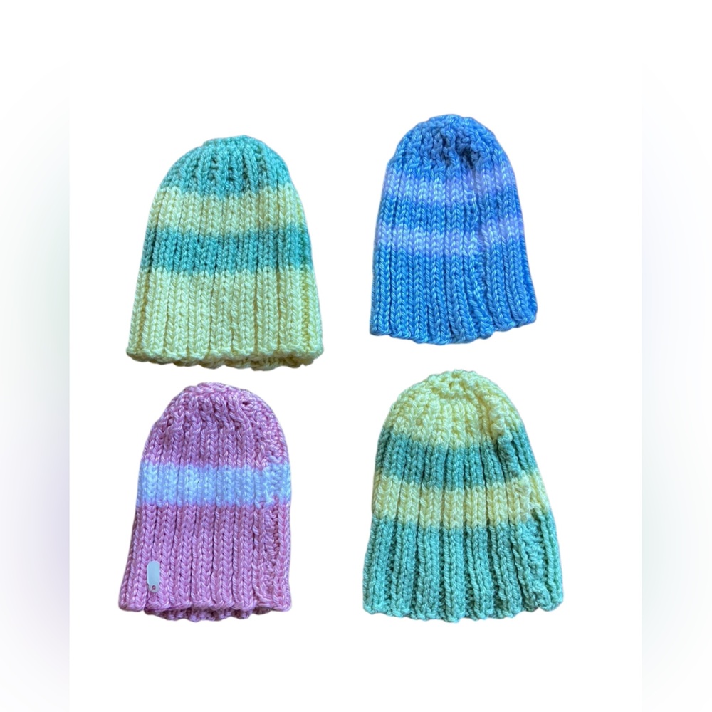 Hand made spring new born baby crochet beanies pink, blue, yellow, green